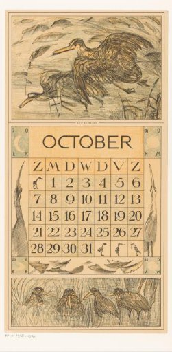 Calendar leaf October with a snipe and a heron