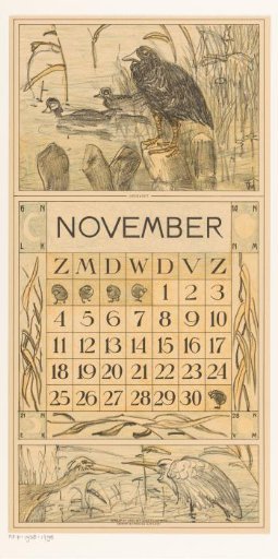Calendar leaf November with a moorhen on a pole