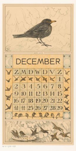 Calendar leaf December with a blackbird