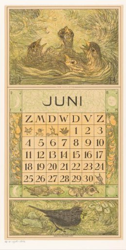 Calendar page June with young birds in a nest
