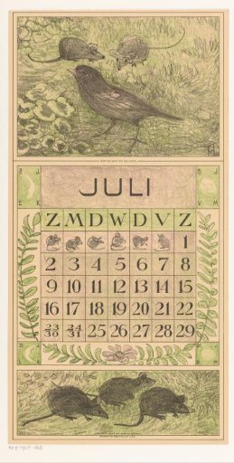 Calendar page July with bird and mice