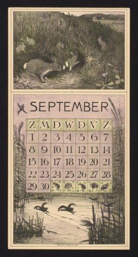 Calendar page for September 1912 with rabbits and coots