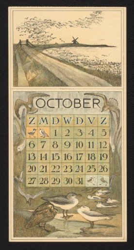 Calendar page for October 1912 with migratory birds along a dike and gulls