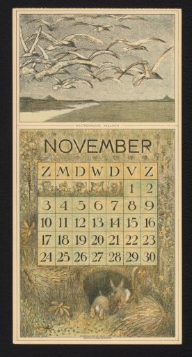 Calendar page for November 1912 with gulls and rabbits