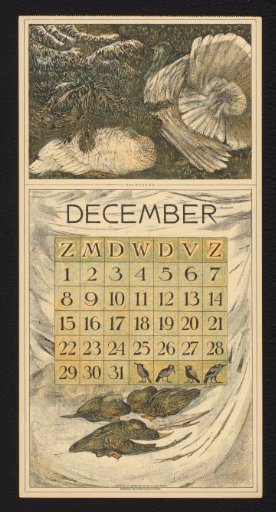 Calendar page for December 1912 with two white turkeys