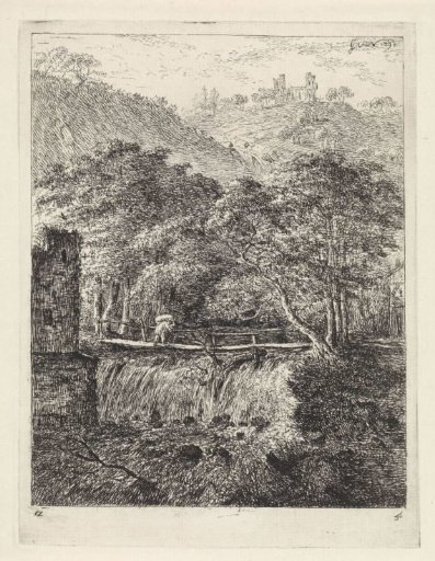 Man on a bridge above a waterfall
