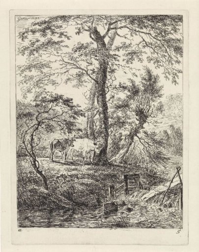 Landscape with two cows near trees and a stream