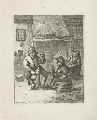 Three peasants by the fireplace