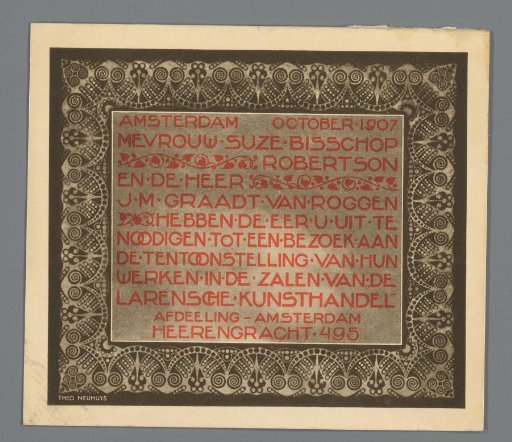 Invitation to the exhibition of works by Suze Bisschop Robertson and J.M. Graadt van Roggen