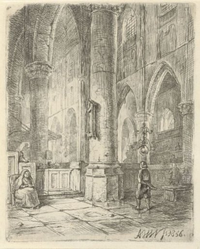 Church interior with a boy and a seated woman
