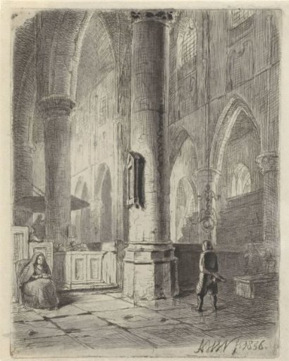 Church interior with a boy and a seated woman