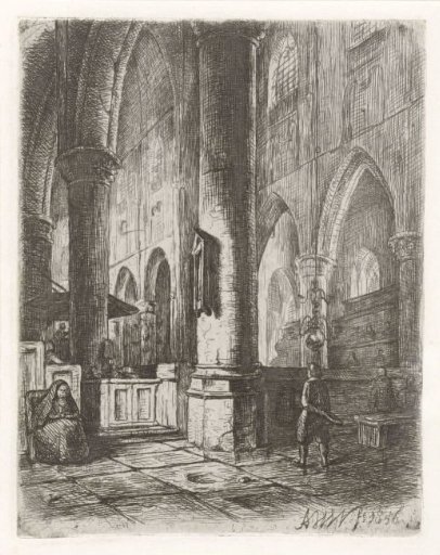 Church interior with a boy and a seated woman