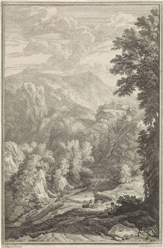 Arcadian landscape with mountains and a river