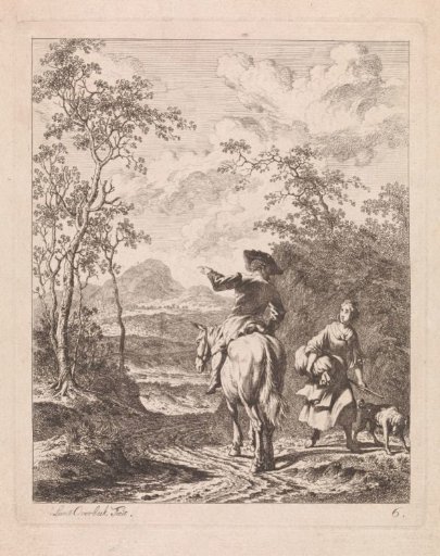 Rider asking the way from a girl with a dog