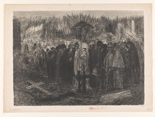 Large Crowd of Figures with Hoods on a Cemetery