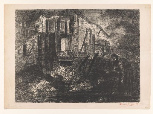 Figure with Walking Stick near Buildings in Ruins