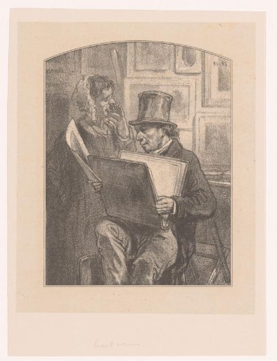 Print dealer with a customer in a shop