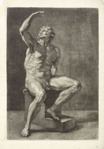 Figure study of a seated male nude with raised right arm