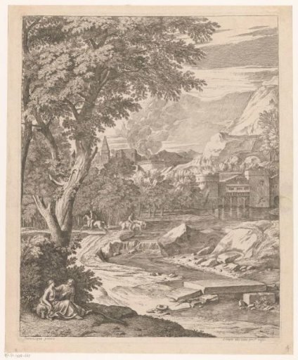 Arcadian landscape with figures by a stream