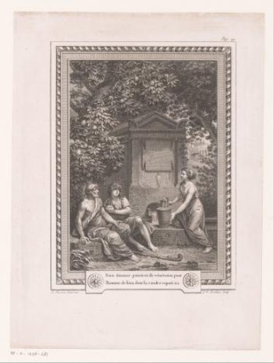 Young woman with jug and two men by a fountain under an apple tree
