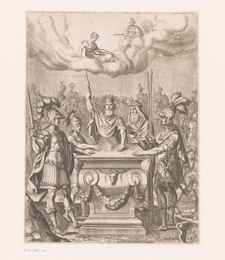 King with four men around an altar where a fire burns