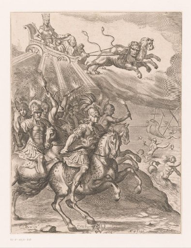 Riders with torches driving sea creatures further into the sea