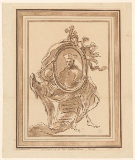 Oval portrait of an unknown cardinal, held by a winged skeleton
