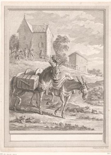Two pack mules with marching soldiers in the background