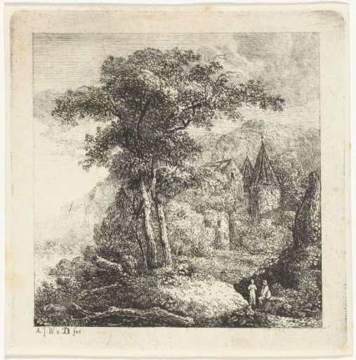 Mountainous landscape with trees, castle and two figures