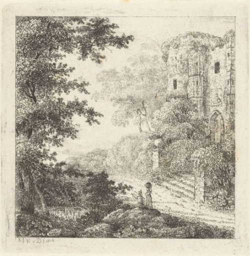 Landscape with figures near castle ruin