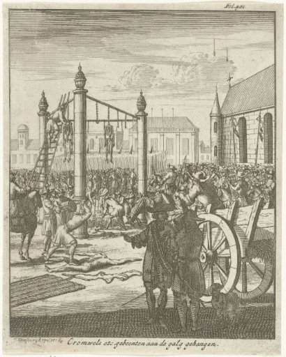 Corpse of Oliver Cromwell posthumously executed and hanged on the gallows on 30 January 1661