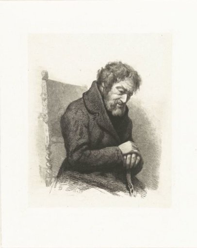 Seated elderly man with walking stick in his hands