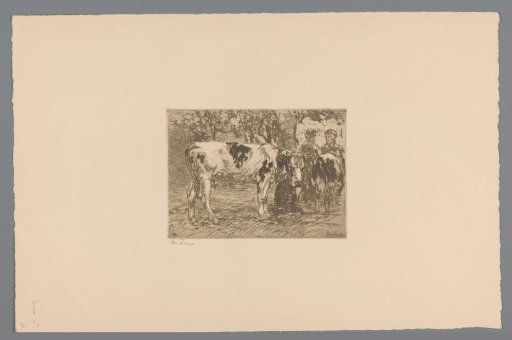 Two cows and two farmers by a tree