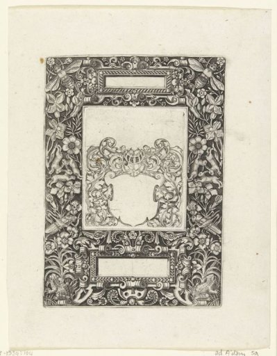 Frame with two rectangular cartouches, one at the top center and one at the bottom center
