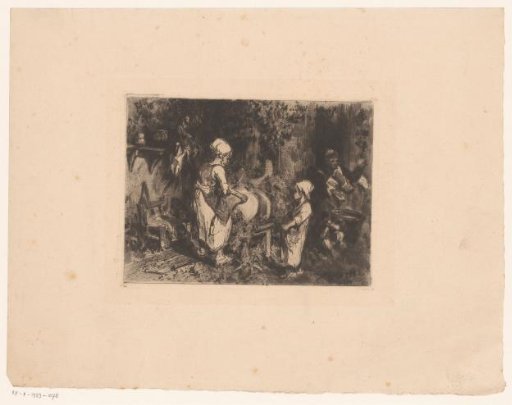 Women and a child in a courtyard