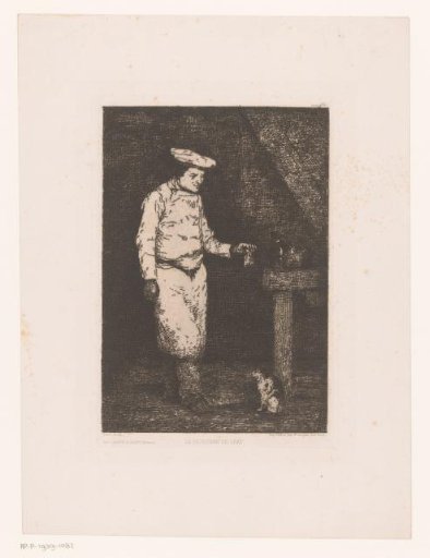 Dark interior with a cook holding up a piece of meat for a cat