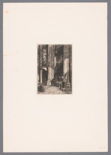 Church interior with a woman on a chair