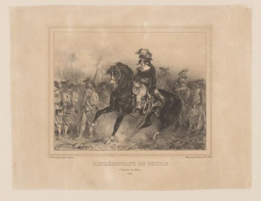 Man on horse with soldiers on foot