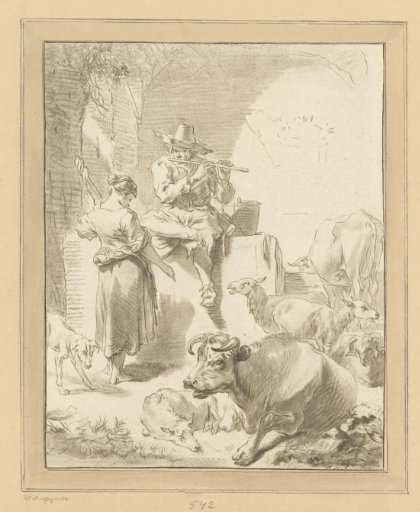 Shepherd Playing the Flute and a Shepherdess Spinning