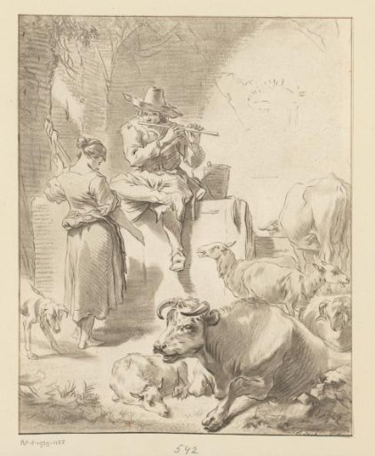 Shepherd Playing the Flute and a Shepherdess Spinning