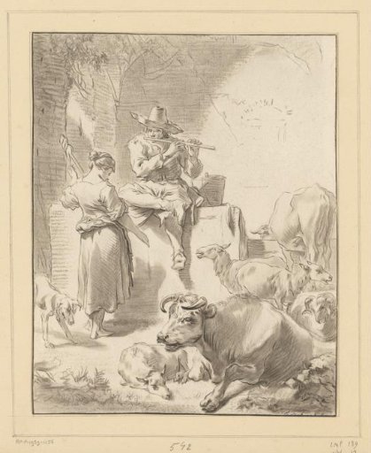 Shepherd Playing the Flute and a Shepherdess Spinning