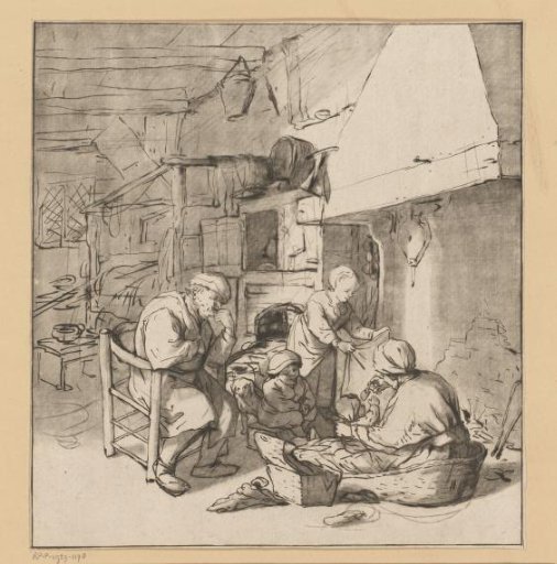 Peasant family by the fireplace