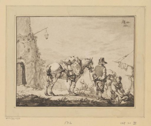 Man with a horse near a washerwoman