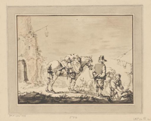 Man with a horse near a washerwoman
