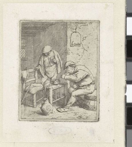 Interior of an inn with a man lighting a pipe and a man with a glass in his hand