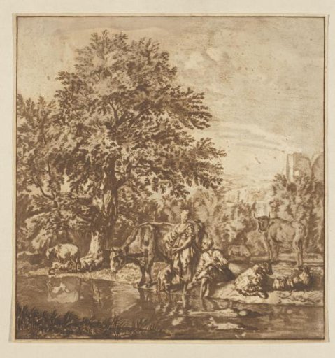 Shepherd and Shepherdess with a Flock by a River