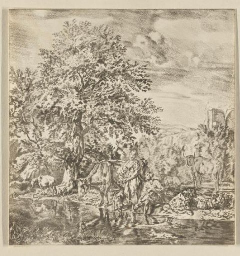 Shepherd and Shepherdess with a Flock by a River