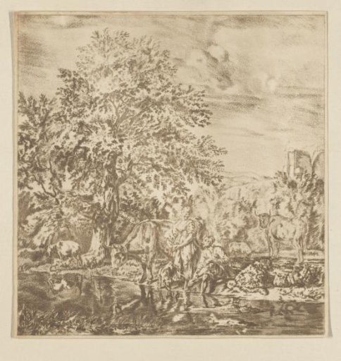 Shepherd and Shepherdess with a Flock by a River