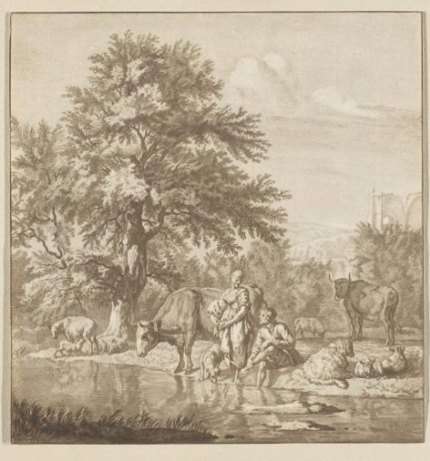 Shepherd and Shepherdess with a Flock by a River