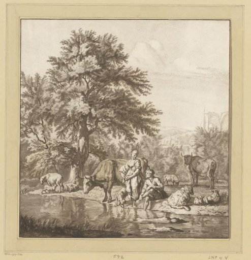Shepherd and Shepherdess with a Flock by a River